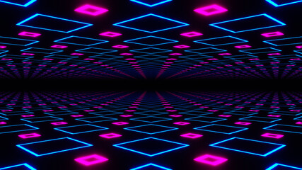 Abstract seamless loop of 3D renders sci-fi environment. Blue and pink neon square abstract futuristic hi-tech motion background seamless loop.