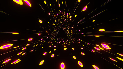 Abstract seamless loop of 3D renders yellow and pink neon circular abstract motion background inside a triangular tunnel.