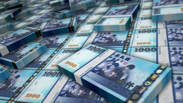 Taiwan Dollar banknote bundle loop. TWD money stacks. Concept of business, economy, banking and finance. Camera over cash packs. Loopable seamless 3d animation.