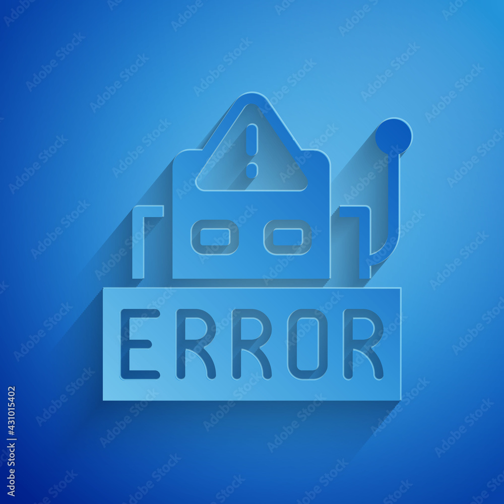 Poster paper cut error in the operation program of the robot icon isolated on blue background. a broken chi