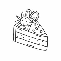 Piece of cake with strawberries in doodle style. Vector black and white hand drawn illustration. Food object isolated on white background. Food icons. Junk food line art.