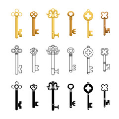 Vector set of retro keys in three styles - flat, outline, simple.