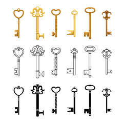 Vector set of retro keys in three styles - flat, outline, simple.