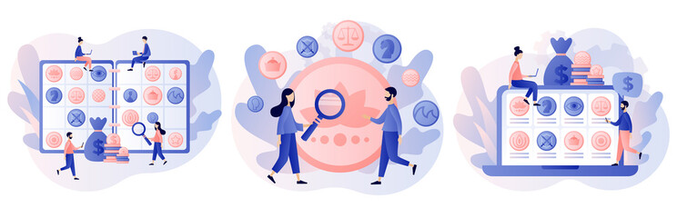 Numismatics. Tiny people numismatists collect, selling or buying ancient coins. Album for old rare collectible coins. Hobby or profession. Modern flat cartoon style. Vector illustration