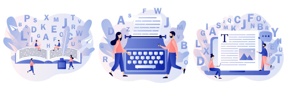 Professional writer, author, redactor, journalist, copywriter, content manager, blogger. Tiny creative people typing or write text. Modern flat cartoon style. Vector illustration on white background
