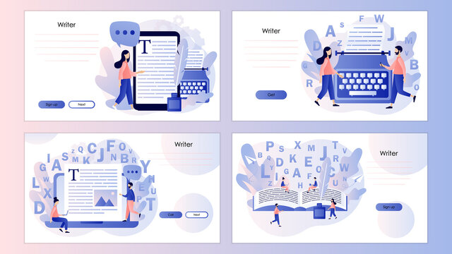 Professional writer, author, redactor, journalist, copywriter, content manager, blogger. Screen template for landing page, template, ui, web, mobile app, poster, banner, flyer. Vector illustration