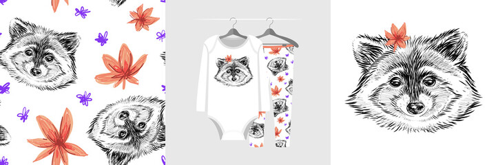 Seamless pattern and illustration set with hand drawn raccoon