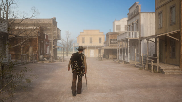 3D illustration of a gunman walking away through a wild west town with a rifle in hand.