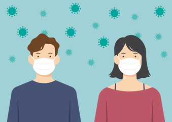 Man and woman with flu mask and germs in the air, Concept for Covid-19, Flu sickness and wearing medical mask to prevent the spread of virus, Isolated on white background, Vector illustration