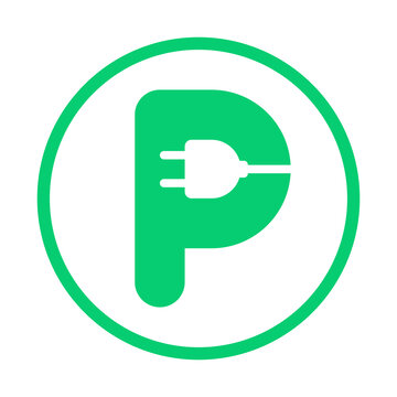 Letter P with plug icon, Green electric vehicle parking sign, Electric car charging point, Parking space for Eco friendly hybrid cars, Vector illustration