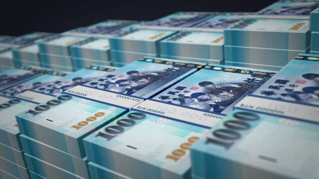 Taiwan Dollar banknote bundle growth up loop. TWD money stacks. Concept of cash pack, banking, travel,  business, success, economy and finance. Loopable seamless 3d animation.