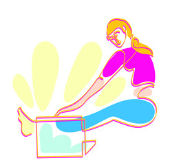 One line drawing of woman trainer teaches yoga remotely over the internet.
One continuous line drawing of female shows exercises on the mat. 