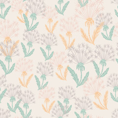 Pastel tones meadow style seamless pattern with dandelion hand drawn ornament. Herbal blue and orange print.