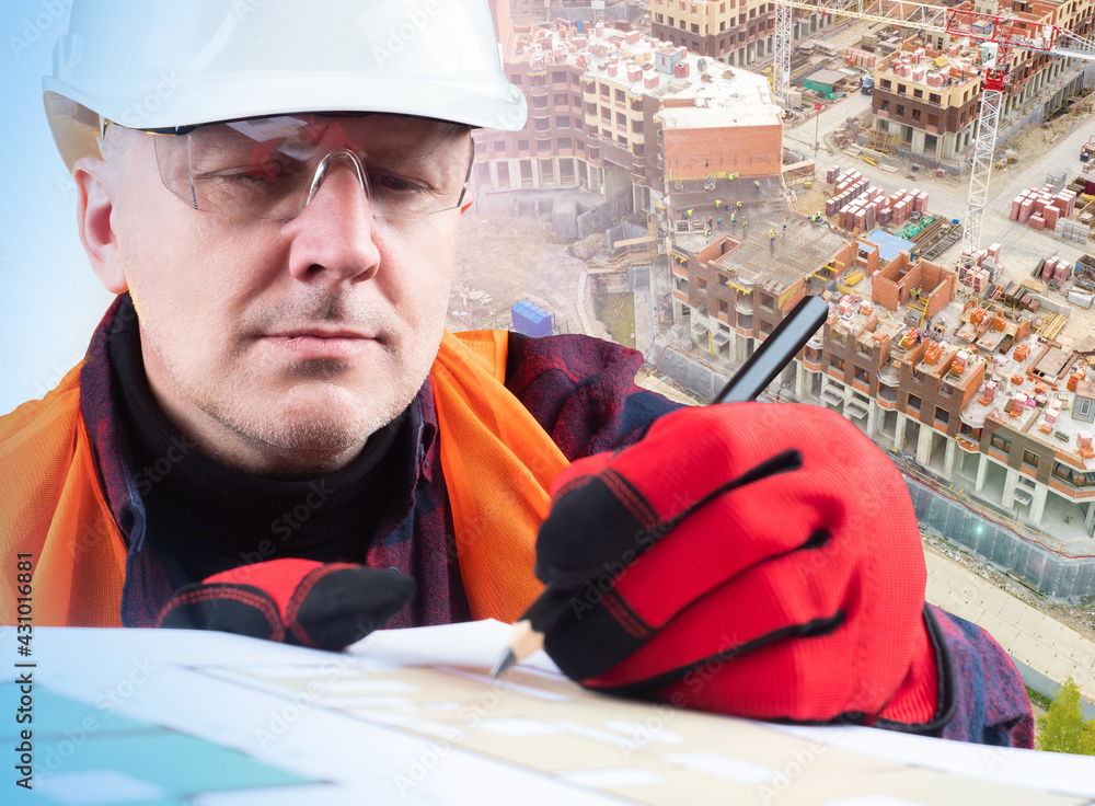 Aufkleber man in the form of a builder. architect in a construction helmet. human edits a floor plan. house pl