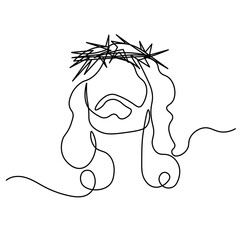 One continuous single drawn line art doodle spirituality Jesus Christ a wreath on his head.Isolated image of a hand drawn outline on a white background.