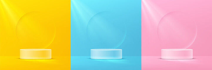 Set of transparency glass cylinder pedestal podium. Collection of pink, yellow, blue background with emboss circle shape. Vector rendering 3d shape product display presentation. Minimal wall scene.