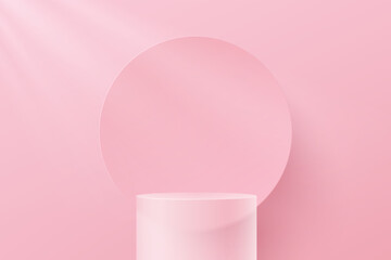 Transparent glass cylinder pedestal podium. Sweet pink minimal wall scene and circular shape backdrop with shadow. Vector rendering 3d shape for product display presentation. Abstract room concept.