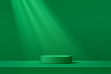 Abstract dark green cylinder pedestal podium. Green empty room, Shadow of window. Vector rendering 3d shape, Product display presentation. Studio room concept, Minimal wall scene. © Riseness