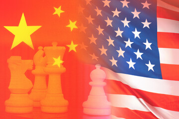 Political confrontation. Confrontation between the USA and China. International relationships. China in Geopolitics of America. Chess pieces next to the flags. Chess pieces symbolize political battle