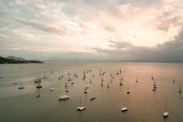 aerial image with drone from santo antonio de lisboa beach with sunset in florianópolis santa catarina brazil