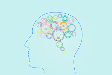 a lot of gears in different colors and a light bulb in a person's head side view, the concept of generating ideas, thinking, inventing.