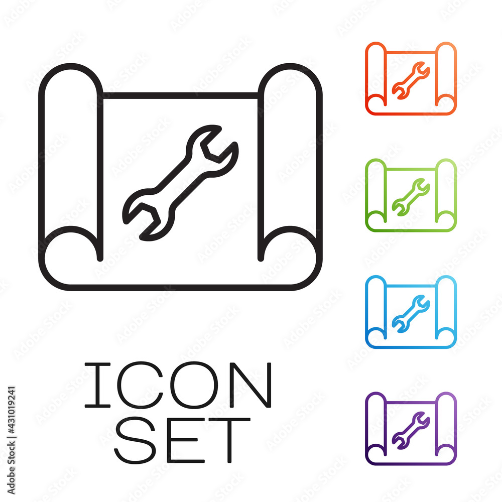 Poster black line graphing paper for engineering and wrench icon isolated on white background. set icons co