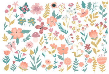 Fototapeta premium Set of simple flowers and twigs isolated on a white background. Vector graphics.