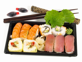 Box with different Sushi and Wasabi on white Background - Isolated