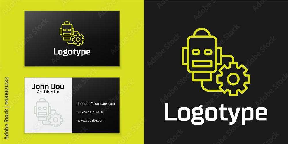 Poster logotype line robot setting icon isolated on black background. artificial intelligence, machine lear