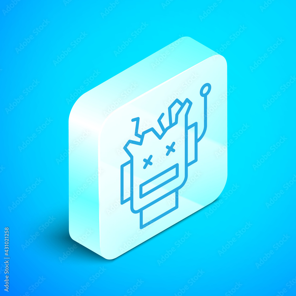 Poster isometric line broken robot icon isolated on blue background. artificial intelligence, machine learn