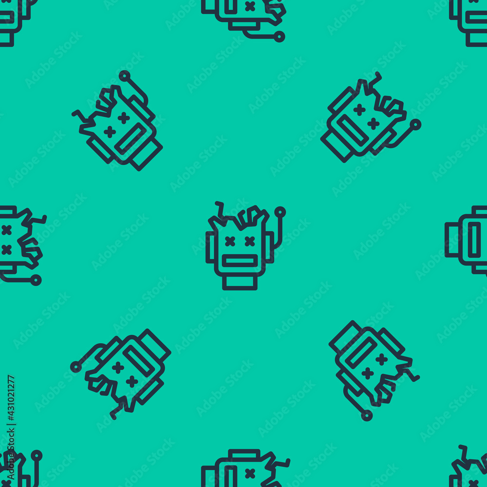 Poster blue line broken robot icon isolated seamless pattern on green background. artificial intelligence, 