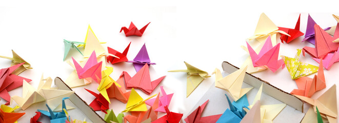 Flock of origami birds with opened box