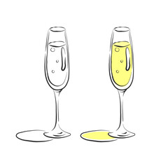 A glass of champagne. Two views of the image of color and black and white. Contour object. Wineglass hand draw. Restaurant illustration. Simple sketch. Isolated on white background in engraving style