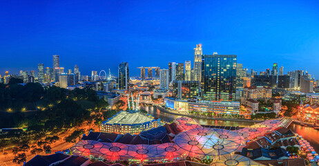 Bird's eye panoramic view of Singapore skyline and Clarke Quay entertainment district