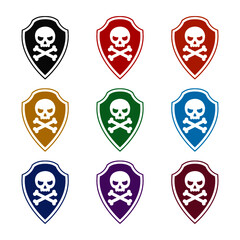 Shield with pirate skull icon isolated on white background color set