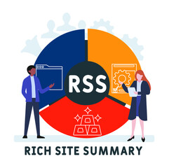 Flat design with people. RSS - Rich Site Summary acronym. business concept background. Vector illustration for website banner, marketing materials, business presentation, online advertising