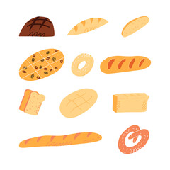Cute hand-drawn set of various traditional French, Italian and others bread sorts. Cartoon vector isolated illustration.