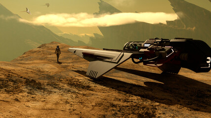 Space traveler exploring a new planet and facing alien flying creatures © akarb