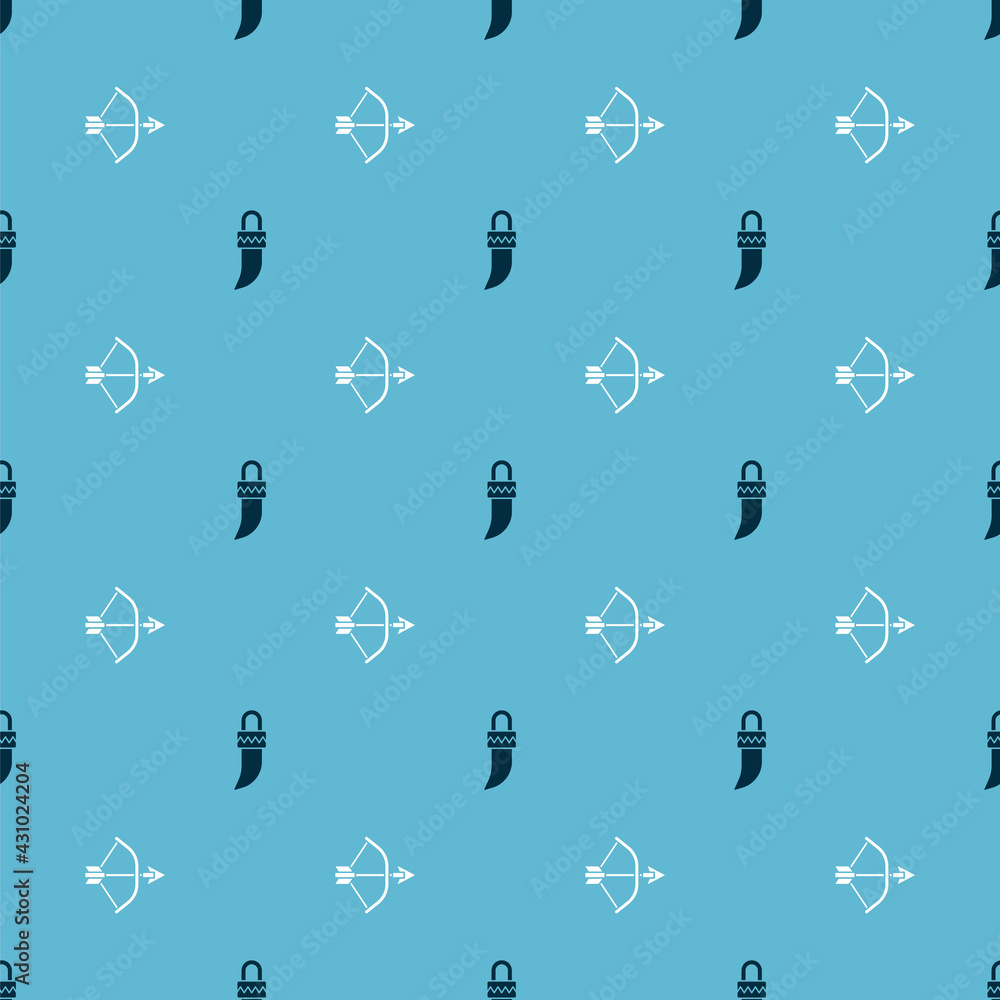 Poster set tooth and bow and arrow in quiver on seamless pattern. vector