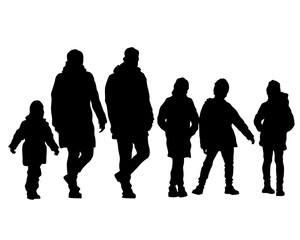 Families with little child walking on street. Isolated silhouettes of people on white background