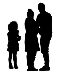 Families with little child walking on street. Isolated silhouettes of people on white background