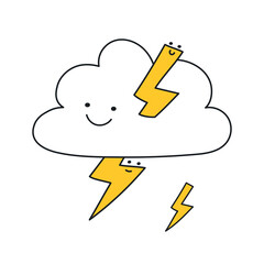 Funny storm cloud with cute lightning. Weather, state of mind, positive and psychology. Thin line vector illustration on white.