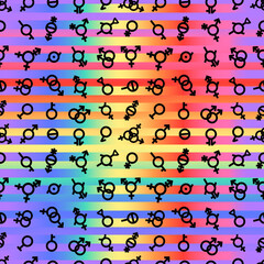 Pride flag with rainbow stripe. Freedom LGBT Gender Seamless pattern Bigender, agender, neutrois, asexual, lesbian, homosexual, bisexual icon orientation. Vector design surface Gay-friendly background - 431024800