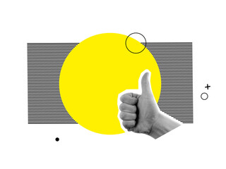 Digital collage modern art. Geometric Shapes. Thumbs up. Finger up. Business media banner.