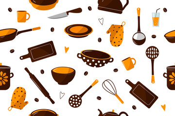 seamless kitchen pattern. Kitchen utensils background, kitchenware. kettle, cutting board, saucepan, spatula, colander, glass, frying pan