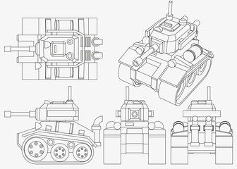 Obraz premium A set of drawings of the tank. Isolated on white background. Vector illustration.