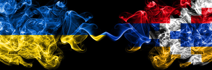 Ukraine, Ukrainian vs Artsakh, Artsakhtsi, Nagorno Karabakh smoky mystic flags placed side by side. Thick colored silky abstract smokes flags.