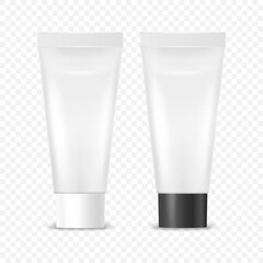 Vector 3d Realistic Plastic, Metal White Tooth Paste, Cream Tube, Packing with White and Black Cap Set Isolated. Design Template of Toothpaste, Cosmetics, Cream, Tooth Paste for Mockup. Front View