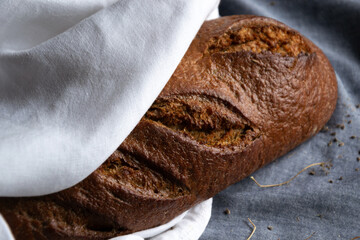 Brown bread loaf covered with white cloth on a blue background