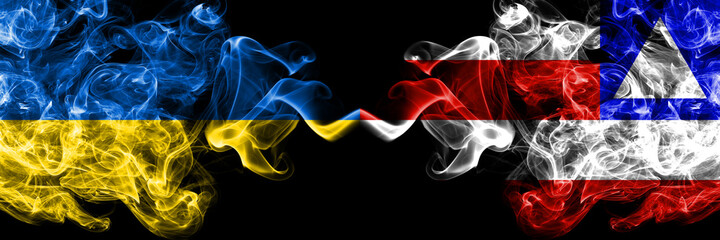 Ukraine, Ukrainian vs Bahia, Brazil smoky mystic flags placed side by side. Thick colored silky abstract smokes flags.